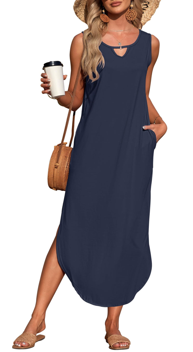 MISFAY Women's Summer Maxi Dress Sleeveless Loose Long Beach Split Dresses with Pockets(Navy Blue,XL)