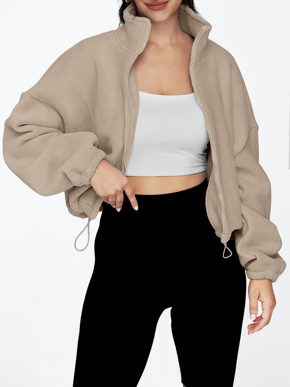 AUTOMET Womens Fleece Jackets Zip Up Oversized Sweatshirts Winter Clothes Long Sleeve Crop Sherpa Fall Outfits Fashion Khaki M