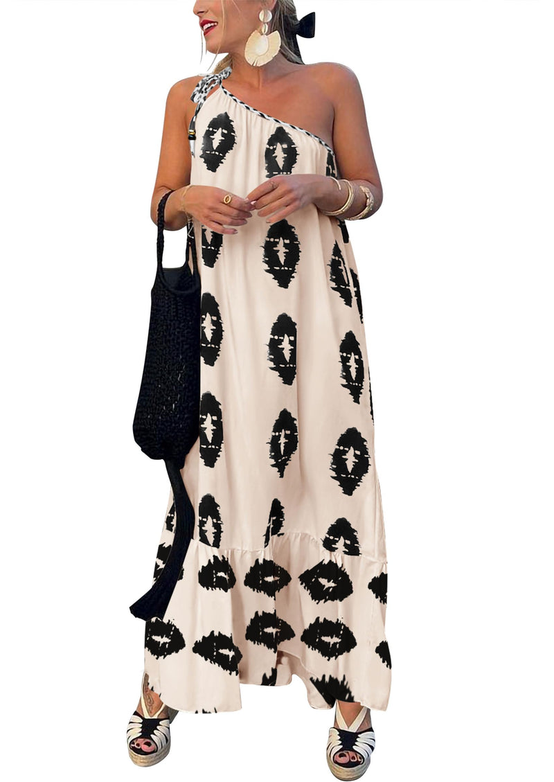 PRETTYGARDEN Women's Summer One Shoulder Maxi Dresses Printed Flowy Boho Beach Vacation Long Sundress (Beige Black Floral,Small)