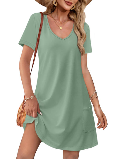 OFEEFAN Summer Dresses for Women 2025 Beach Vacation Essentials Casual Loose V Neck Swing T Shirts Dress Short Sleeve Sundresses with Pockets A Light Green XL