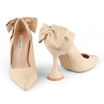 Load image into Gallery viewer, Zzheels Women's Bow High Heels Closed Toe Heels with Bow Chunky Heels Bridal Wedding Shoes Beige Suede US7.5
