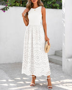 Load image into Gallery viewer, dowerme Women Summer Dresses 2026 Casual Sleeveless Crewneck A-Line Boho Lace Eyelet Cotton Tank Maxi Dress with Pockets(White,Medium)
