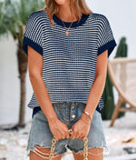 Load image into Gallery viewer, PRETTYGARDEN Womens Short Sleeve Sweater Spring Summer 2025 Round Neck Striped Pullover Cap Sleeve Knit Sweater Vest Tops(Navy,Medium)
