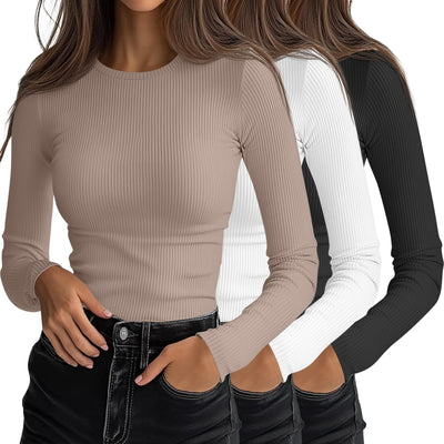 Ficerd 3 Pack Women's Ribbed Long Sleeve Tops, Crew Neck Slim Fit Knit Undershirts Basic Casual Stretch Layering Tee Shirts(Black, Khaki, White,Medium)