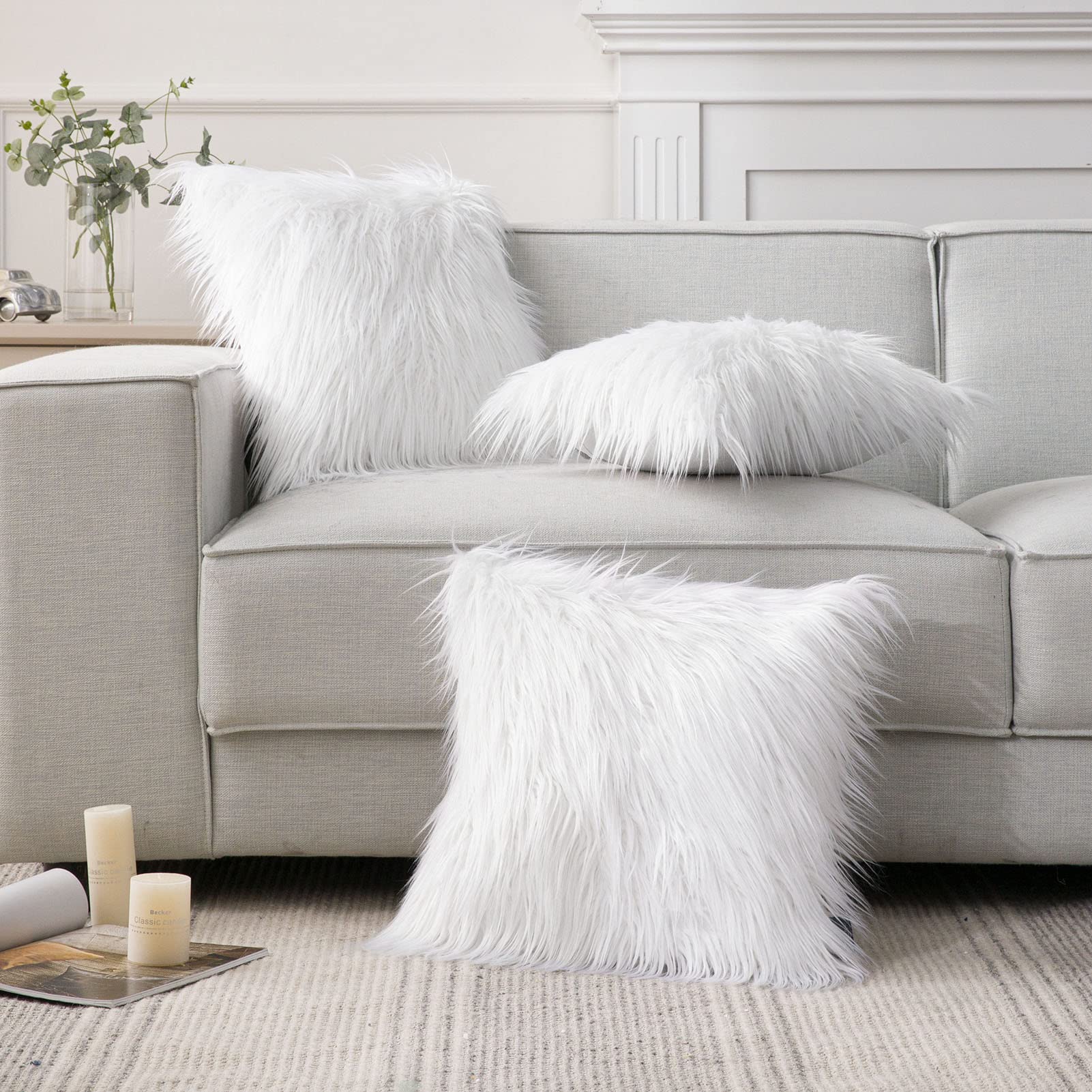 Phantoscope Pack of 2 Faux Fur Solid Throw Decorative Pillow Cover Cushion Covers Luxury Soft Decorative Pillowcase Fuzzy Pillow Covers for Bed/Couch,White 26 x 26 Inches