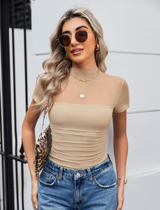 Avidlove Women's Short Sleeve Bodysuit Turtle Neck Body Suits Mesh Bodysuit Blouse Going Out Date Night Tops Nude