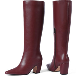 Women's Knee High Boots, Comfortable Square Toe Faux Leather Boot Fashion Long Tall Boots for Riding Wide Calf Chunky High Heeled Dress/Casual Boot, Burgundy Size 9