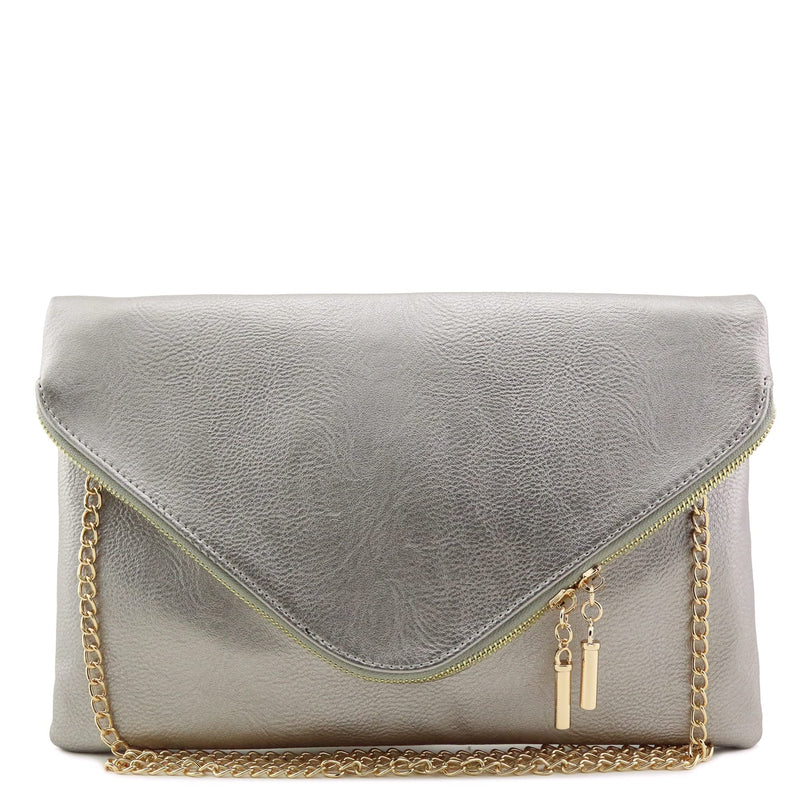 FashionPuzzle X-Large Envelope Clutch Bag with Chain Strap (Light Pewter)