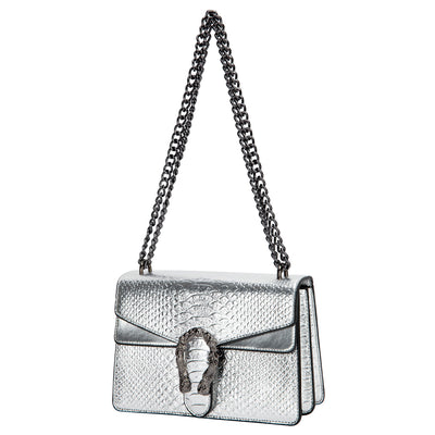 DEEPMEOW Crossbody Shoulder Evening Bag for Women - Snake Printed Leather Messenger Bag Chain Strap Clutch Small Square Satchel Purse（Silver）