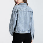 Load image into Gallery viewer, LifeShe Women's Pearls Denim Jacket Cropped Rhinestones Jean Jacket Coat
