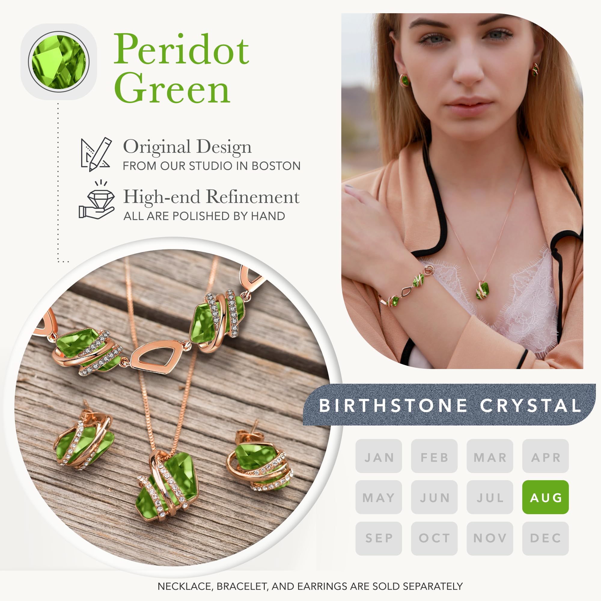 Leafael Wish Stone Pendant Necklace with Peridot Green Birthstone Crystal for August, 18K Rose Gold Plated, 18" + 2" Chain