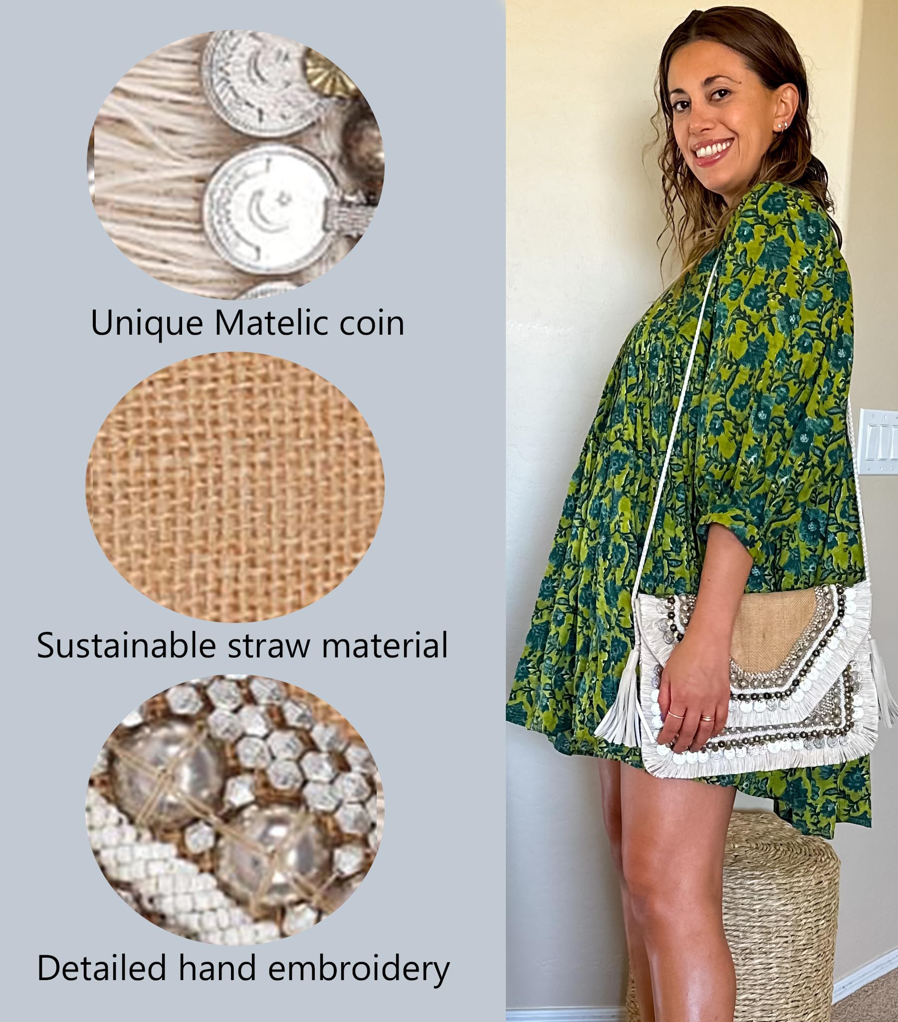 Graciaas Hand Embroidered Straw Clutch Purse – Woven Envelope Handbag, Summer Beach Bag