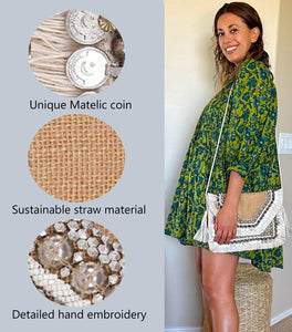 Graciaas Hand Embroidered Straw Clutch Purse – Woven Envelope Handbag, Summer Beach Bag