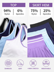 ATTRACO Seamless Tennis Outfits Woman Tummy Control Pleated Skirt 2 Piece Sets Going Out White S