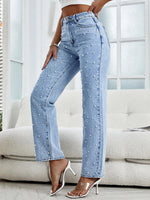 Load image into Gallery viewer, Kedera Women Pearls Beaded Flare Leg Jeans Loose Fit Stretchy Casual Straight Jeans Denim Trousers
