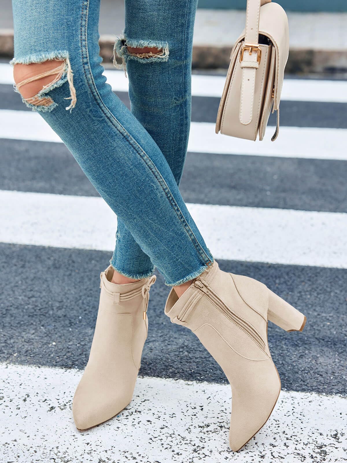 Coutgo Womens Pointed Toe Ankle Boots Chunky Block Heel Tie Knot Side Zipper Dressy Booties, Beige, Size 7.5