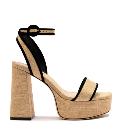 Larroudé, Dolly Sandal In Beige Raffia And Black Trimming, 7, Beige
