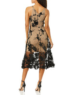 Load image into Gallery viewer, Dress the Population Women&#39;s Audrey Spaghetti Strap MIDI A-LINE 3D Floral Dress Dress, Black/Nude, S

