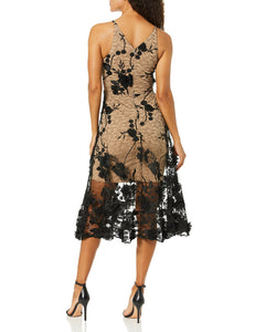 Dress the Population Women's Audrey Spaghetti Strap MIDI A-LINE 3D Floral Dress Dress, Black/Nude, S