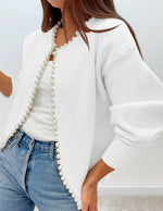 Load image into Gallery viewer, ZESICA Women's Open Front Cardigan Sweater 2025 Fall Casual Knitted Long Sleeve Pearls Trim Outerwear Coat Trendy Clothes White Large
