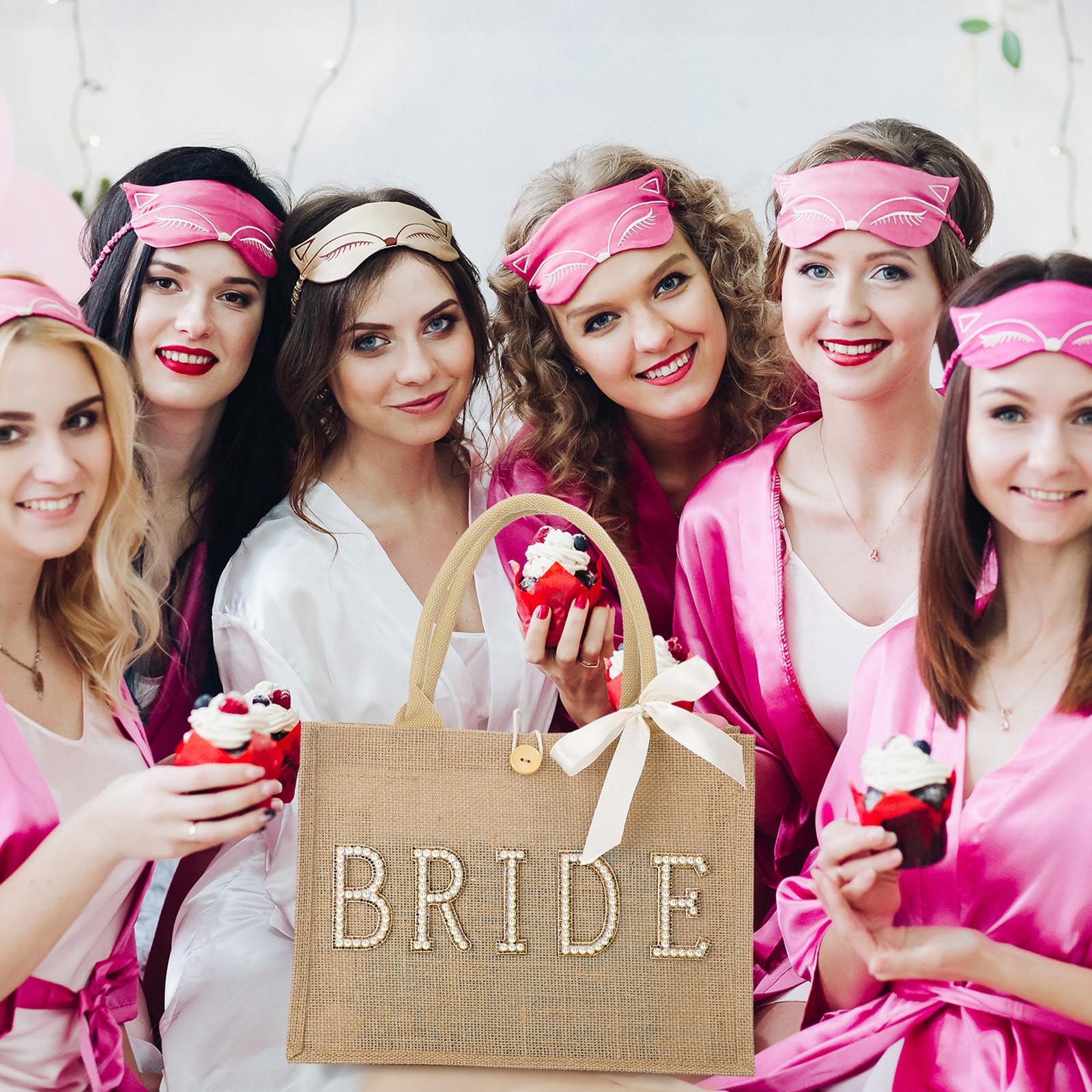 Silkfly Wedding Bride Bag Natural Jute Tote with Ribbon Bride Gift Bag with Handle for Shower(Gold Edges,Bride)