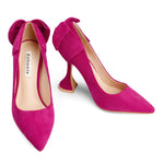 Load image into Gallery viewer, Zzheels Women's Bow High Heels Closed Toe Heels with Bow Chunky Heels Bridal Wedding Shoes Rose Suede US7
