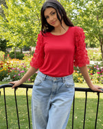 Load image into Gallery viewer, Triratna Tshirts for Women Casual: Crew Neck Mesh Puffy Sleeves with Appliques - Cotton Shirts for Women Summer Trendy - Cute Tees Tops Petite Ladies Evening Elegant Blouse Red S

