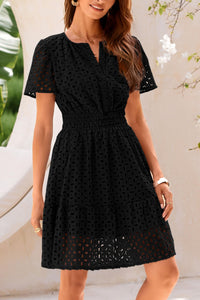 PRETTYGARDEN Womens 2025 Summer Short Dress V Neck Short Sleeve A Line Hollow Out Lace Ruffle Cute Casual Beach Party Dresses (Black,Small)