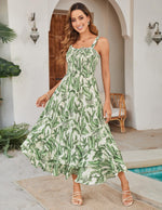 Load image into Gallery viewer, GRACE KARIN Women's 2026 Summer Floral Boho Dress Square Neck Strapped Swing A Line Sundress Beach Long Maxi Outfits Green Leaf M
