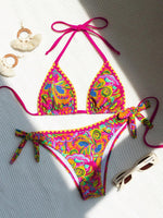 Load image into Gallery viewer, COZYEASE Women&#39;s Bikini Sets 2 Piece Halter Triangle Allover Print Swimsuit Set Boho Knot Side Bathing Suit Set Multicolor Small
