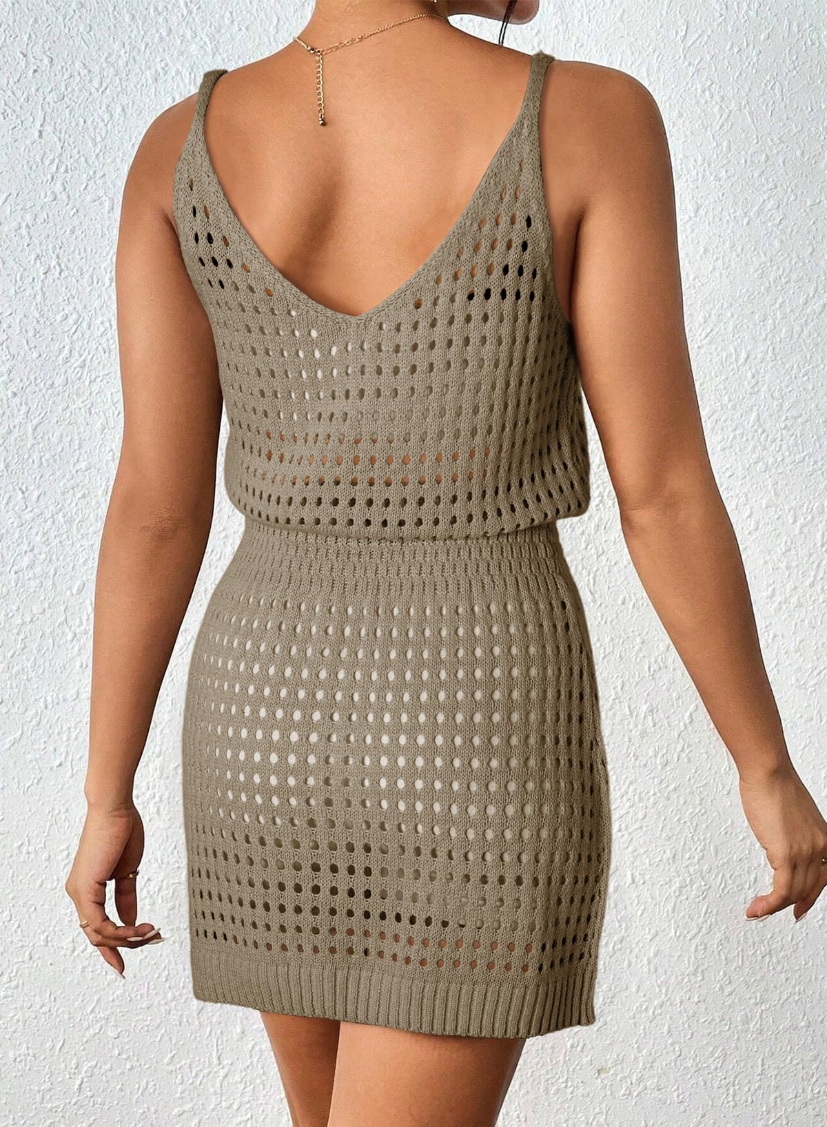 Dokotoo Cover Ups for Swimwear Bathing Suits Women 2025 V Neck Sleeveless Crochet Cut Out Spaghetti Straps Knitted Beachwear Sexy Bikini Beach Coverups Vacation Outfits Dresses Desert Palm Medium