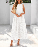 Load image into Gallery viewer, dowerme Women Summer Dresses 2026 Casual Sleeveless Crewneck A-Line Boho Lace Eyelet Cotton Tank Maxi Dress with Pockets(White,Medium)
