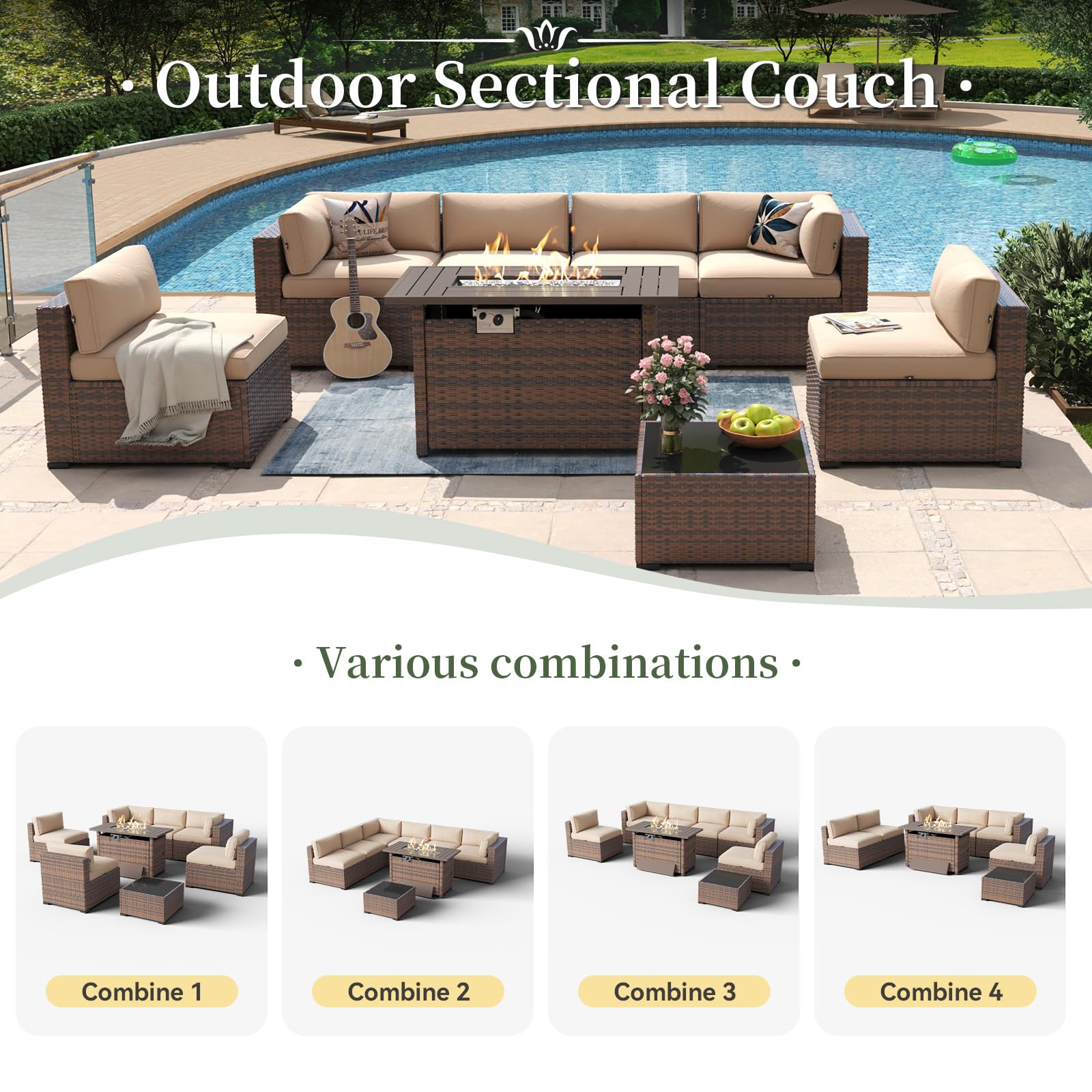 Aoxun 8 Piece Patio Furniture Set with 44” Fire Pit Table Wicker Rattan Outdoor Sectional Sofa Set with Coffee Table and Thickened Cushions, Beige (Waterproof Cover Included)
