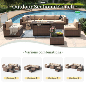 Aoxun 8 Piece Patio Furniture Set with 44” Fire Pit Table Wicker Rattan Outdoor Sectional Sofa Set with Coffee Table and Thickened Cushions, Beige (Waterproof Cover Included)
