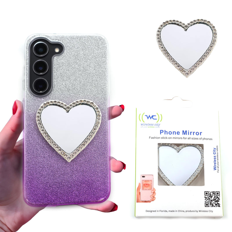Wireless City Diamond Bling Makeup Mirror for Phone Cases Cell Phone Mirror for Makeup (Heart Shape Phone Mirror-Silver)
