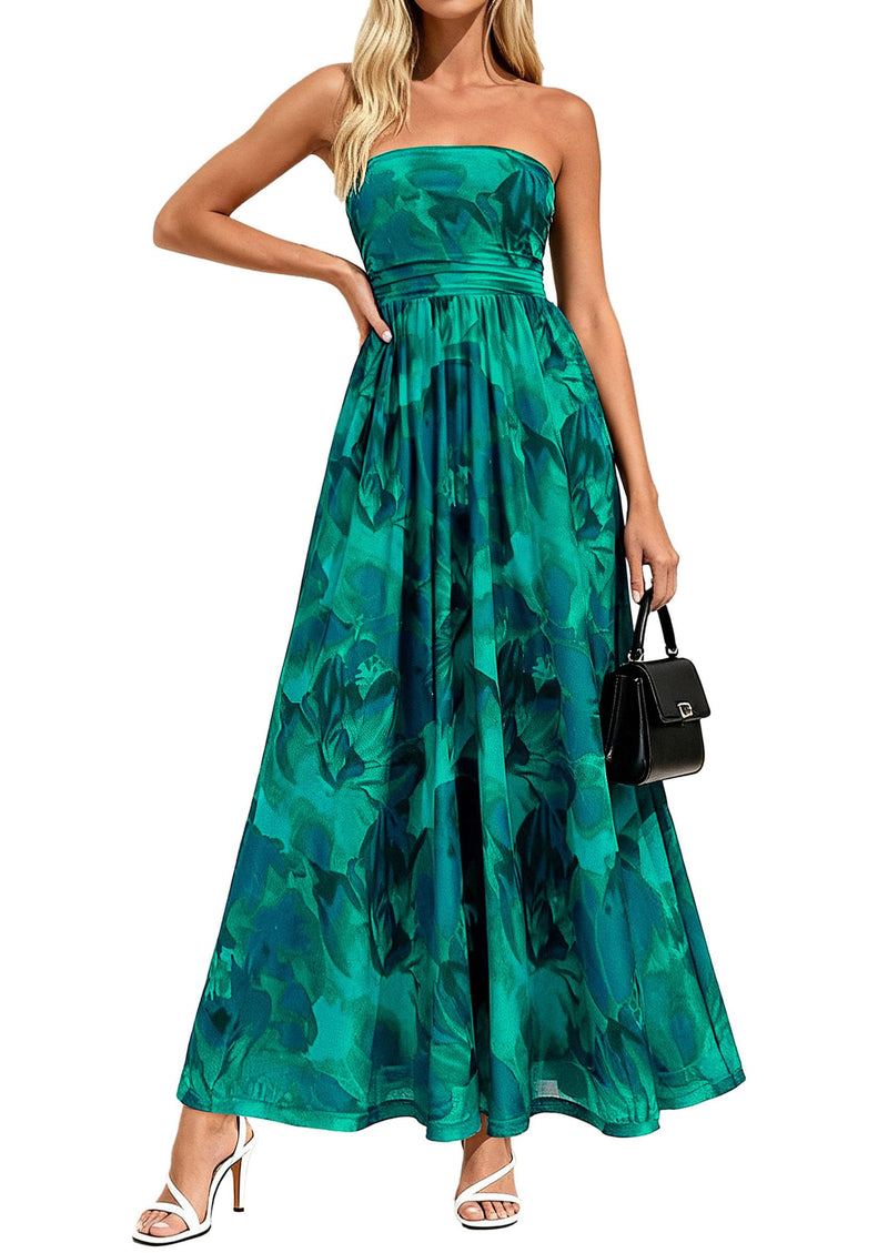 PRETTYGARDEN Women Strapless Maxi Dress 2026 Summer Floral Tube Top Ruched Beach Spring Wedding Guest Long Dresses (Floral Green,Medium)