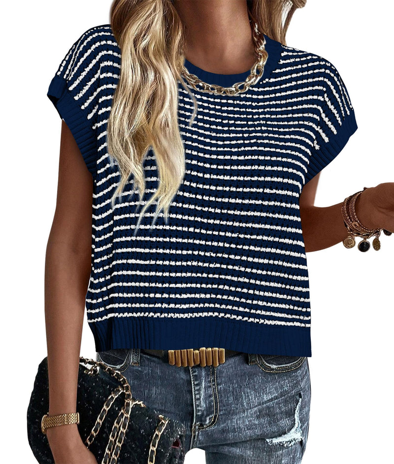 PRETTYGARDEN Womens Short Sleeve Sweater Spring Summer 2025 Round Neck Striped Pullover Cap Sleeve Knit Sweater Vest Tops(Navy,Medium)