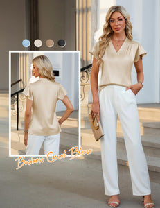 Blooming Jelly Women Silk Dressy Casual Business Blouse Ruffle Sleeve Summer Tops Work Professional Outfits (S, Beige)