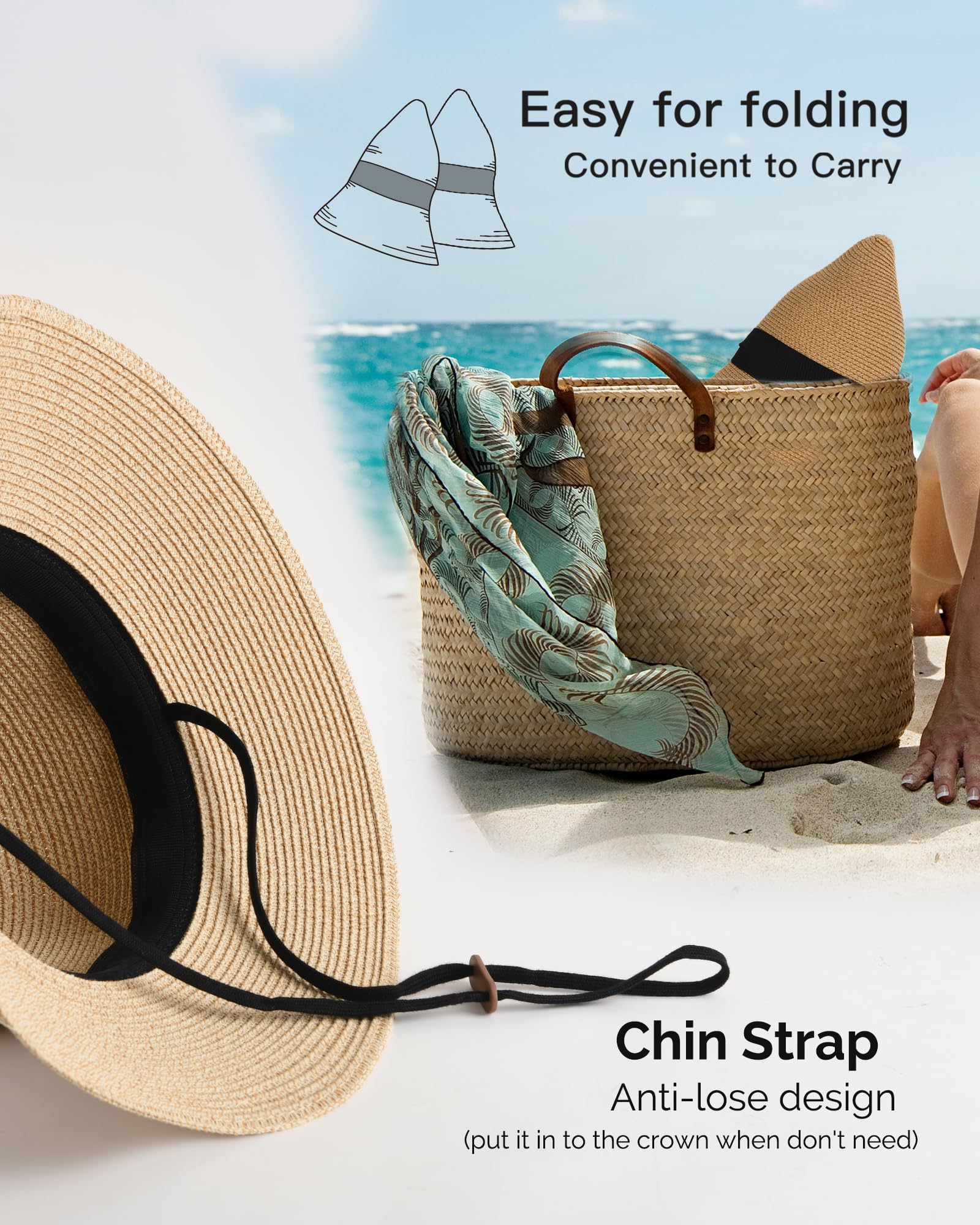 FURTALK Womens Beach Sun Straw Hat UV UPF 80+ Travel Foldable Brim Summer UV Hat Mixed Beige