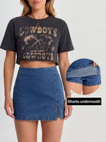 Load image into Gallery viewer, ANRABESS Jean Skorts for Women High Waisted Side Slit Summer Casual Mini Skirts Y2K Trendy Stretch Denim Shorts Deep Blue Medium
