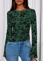 Load image into Gallery viewer, PRETTYGARDEN Women Long Sleeve Floral Mesh Tops Blouse 2025 Fall Trendy Boat Neck Ruched Fitted Shirt Going Out Date Outfits (Dark Green,Medium)
