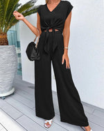 Load image into Gallery viewer, PRETTYGARDEN Women&#39;s Summer 2 Piece Outfits 2025 Cap Sleeve V Neck Belted Crop Tops Wide Leg Pant Sets Casual Tracksuit(Solid Black,Medium)
