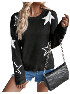 SHENHE Women's Star Pattern Crew Neck Drop Shoulder Casual Sweater Pullover Knitwear Black and White XS
