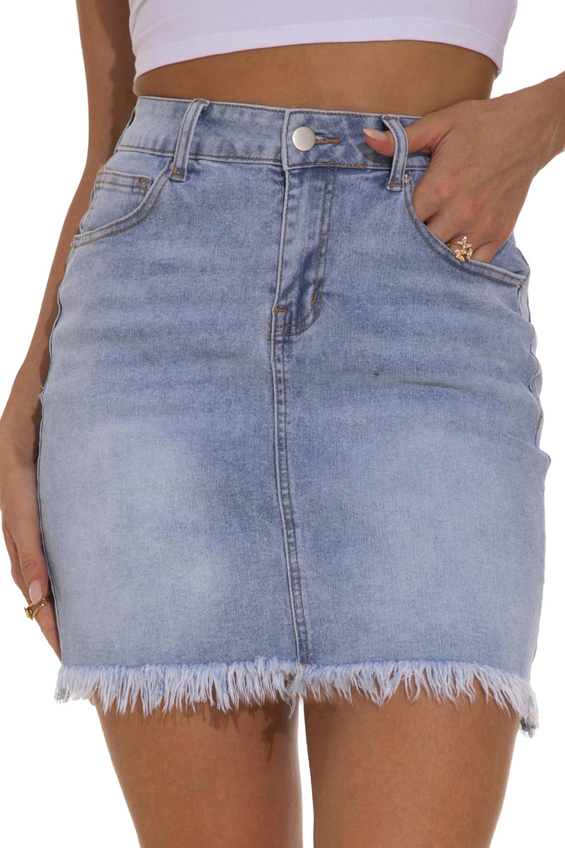 GUANYY Womens Denim Skirts Classic Modest Zipper Casual Short Mini Jeans Skirt with Frayed Raw Hem Light Washed Blue X-Large