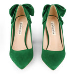Load image into Gallery viewer, Zzheels Women's Bow High Heels Closed Toe Heels with Bow Chunky Heels Bridal Wedding Shoes Green Suede US6
