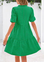 Load image into Gallery viewer, KIRUNDO Eyelet Summer Dresses for Women Mini Casual Hollow Out Short Sleeve Lace Tiered V Neck Shift Dress with Pockets(Green, Medium)
