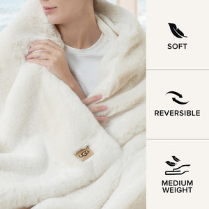 UGG Euphoria Plush Faux Fur Throw Blanket Medium Weight Reversible Luxury Soft Throw for Couch Bed or Chair Hypoallergenic Machine Washable Home Decor Fluffy Blanket, 50-inch x 70-inch, White Snow