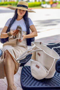 Large Woven Tote & Small Handbag Set for Women, Cotton Rope Shoulder Bag for Beach Pool Travel Weekends, Purse for Essentials (White)