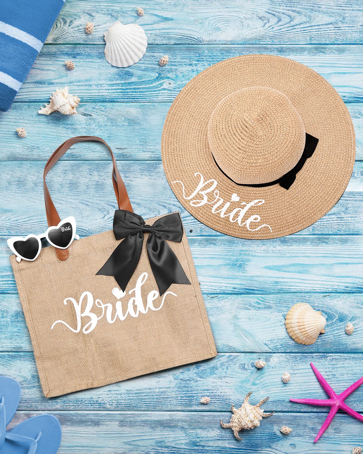 Percozzi Bride Set Including Tote Bag, Sun Hat, and Glasses for Honeymoon, Beach, Bridal Shower, and Summer Wedding Gifts