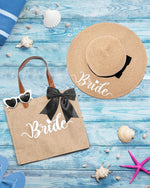 Load image into Gallery viewer, Percozzi Bride Set Including Tote Bag, Sun Hat, and Glasses for Honeymoon, Beach, Bridal Shower, and Summer Wedding Gifts
